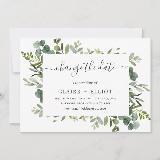 Eucalyptus Green Wreator Change the Date Wedding Kaart (Voorkant)