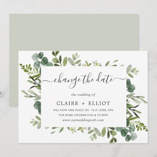 Eucalyptus Green Wreator Change the Date Wedding Kaart (Voorkant / Achterkant)