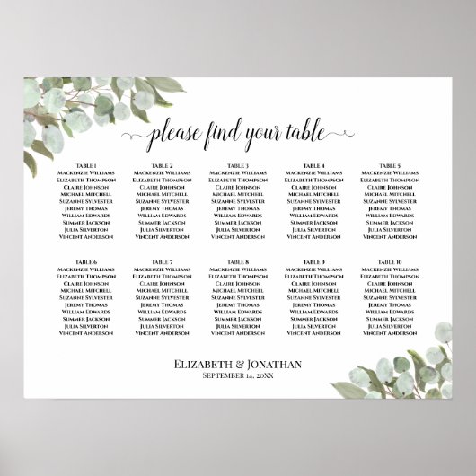 Eucalyptus Greenery 10 Tafel-weddenschap Poster (Voorkant)