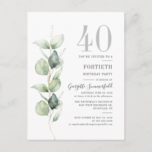 Eucalyptus Greenery 40th Birthday Botanical Party Uitnodiging Briefkaart (Voorkant)