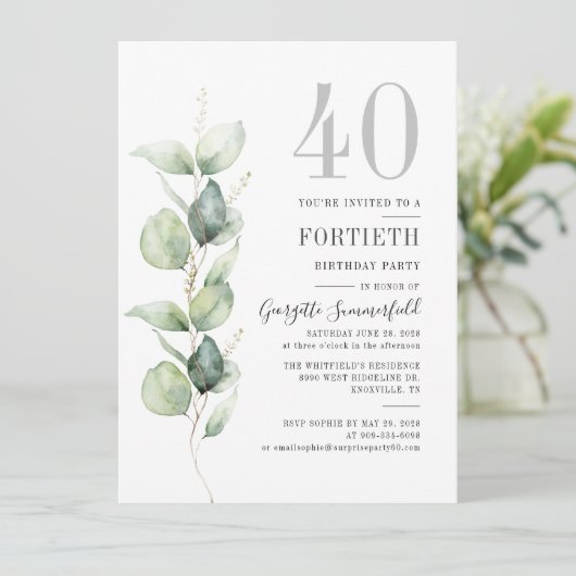 Eucalyptus Greenery 40th Birthday Party Kaart (Staand voorkant)