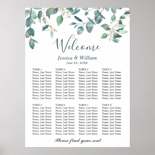 Eucalyptus Greenery 8 Tables Weddenschap Poster (Voorkant)