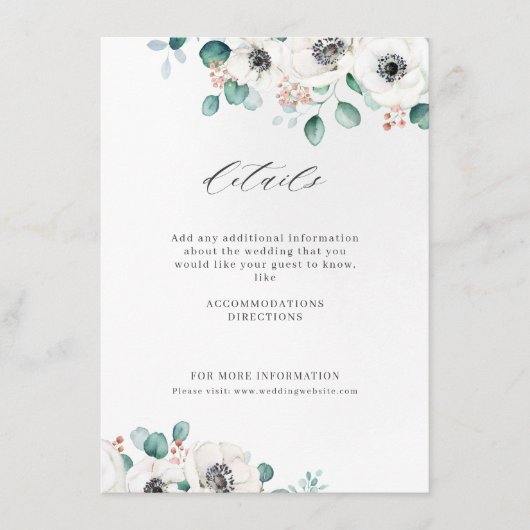 Eucalyptus greenery anemone floral rustitbruiloft informatiekaartje (Voorkant)