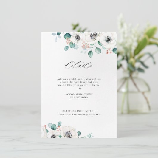 Eucalyptus greenery anemone floral rustitbruiloft informatiekaartje (Staand voorkant)