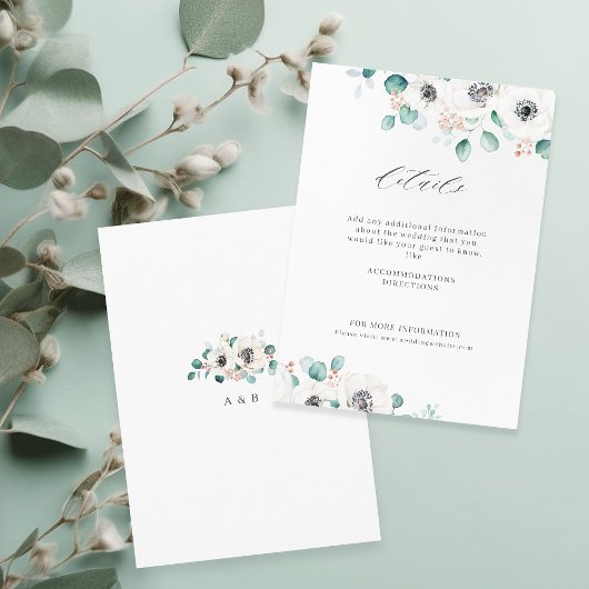 Eucalyptus greenery anemone floral rustitbruiloft informatiekaartje