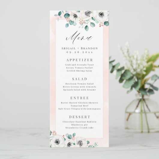 Eucalyptus Greenery anemone florale rustige bruilo Menu (Staand voorkant)