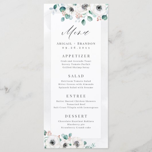 Eucalyptus Greenery anemone florale rustige bruilo Menu (Voorkant)