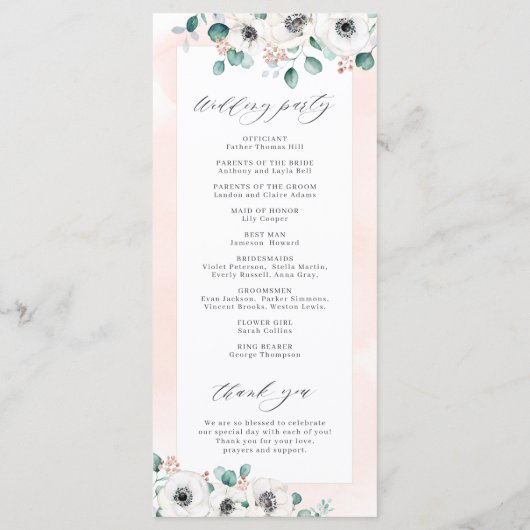 Eucalyptus Greenery anemone florale rustige bruilo Programmakaart (Achterkant)