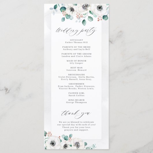 Eucalyptus Greenery anemone florale rustige bruilo Programmakaart (Achterkant)