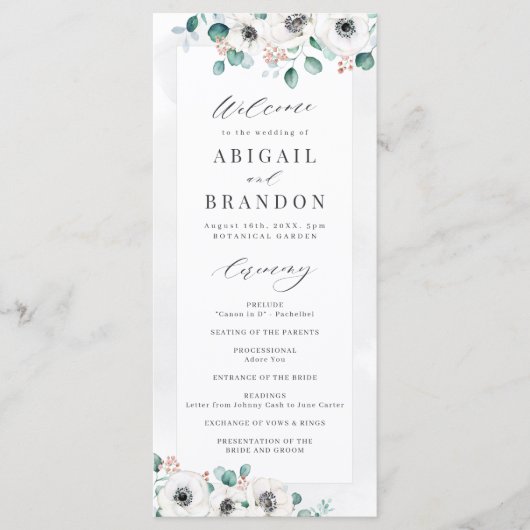 Eucalyptus Greenery anemone florale rustige bruilo Programmakaart (Voorkant)