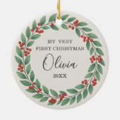 Eucalyptus Greenery Baby First Christmas Photo Keramisch Ornament (Achterkant)