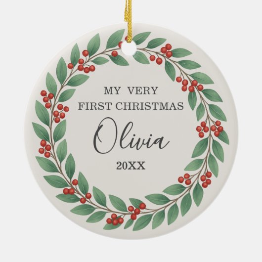 Eucalyptus Greenery Baby First Christmas Photo Keramisch Ornament (Achterkant)