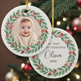 Eucalyptus Greenery Baby First Christmas Photo Keramisch Ornament