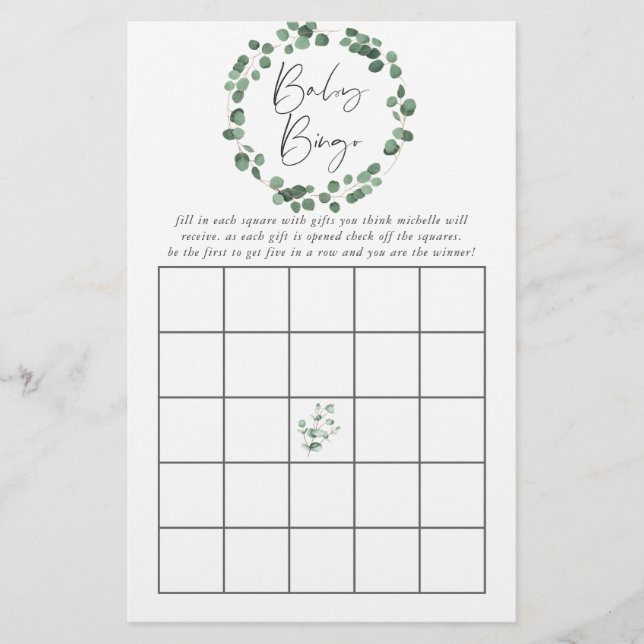 Eucalyptus Greenery Baby shower Bingo (Voorkant)