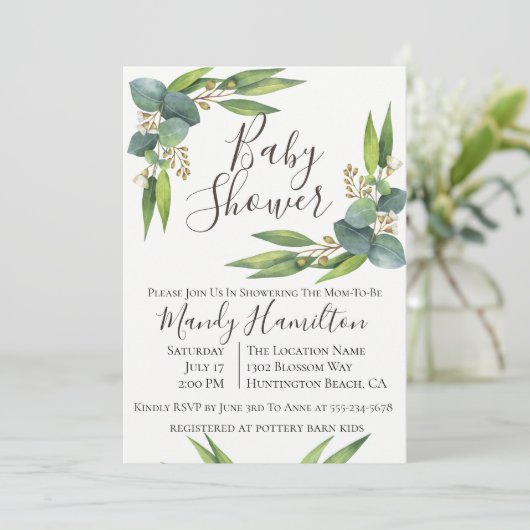 Eucalyptus Greenery Baby shower Invitation Kaart (Staand voorkant)