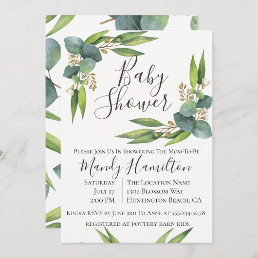 Eucalyptus Greenery Baby shower Invitation Kaart (Voorkant / Achterkant)