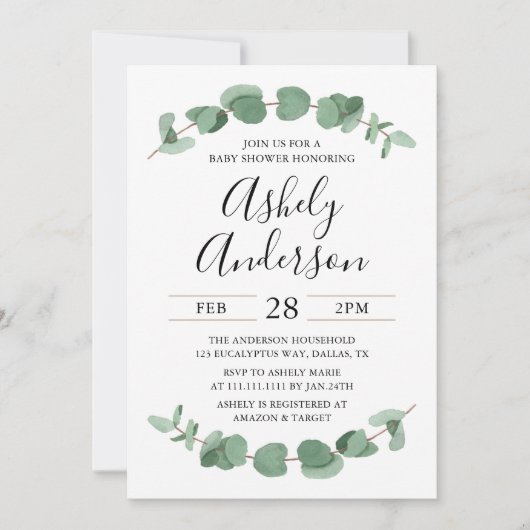 Eucalyptus Greenery Baby shower Invitation Kaart (Voorkant)