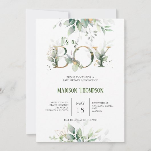 Eucalyptus Greenery Baby shower Invitation Kaart (Voorkant)