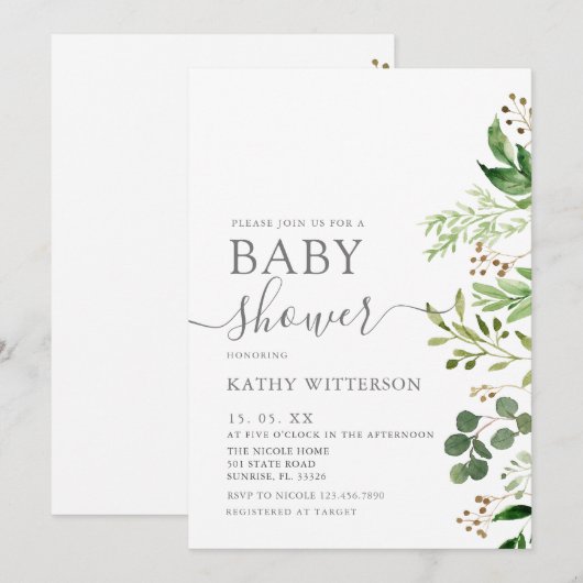 Eucalyptus Greenery Baby shower Invitation Kaart (Voorkant / Achterkant)