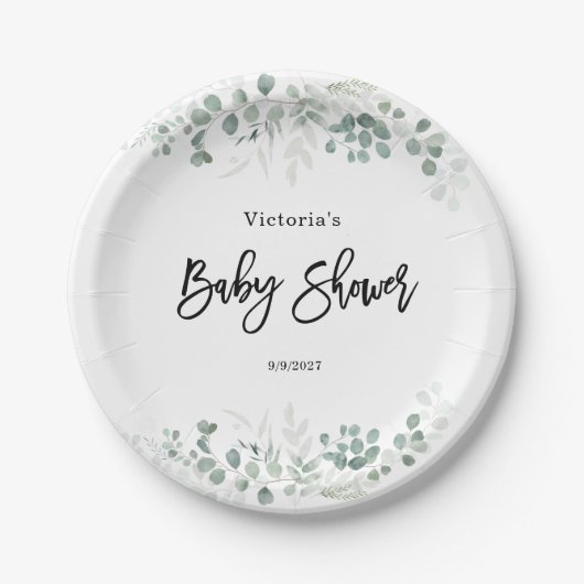 Eucalyptus Greenery Baby shower Papieren Bordje (Voorkant)