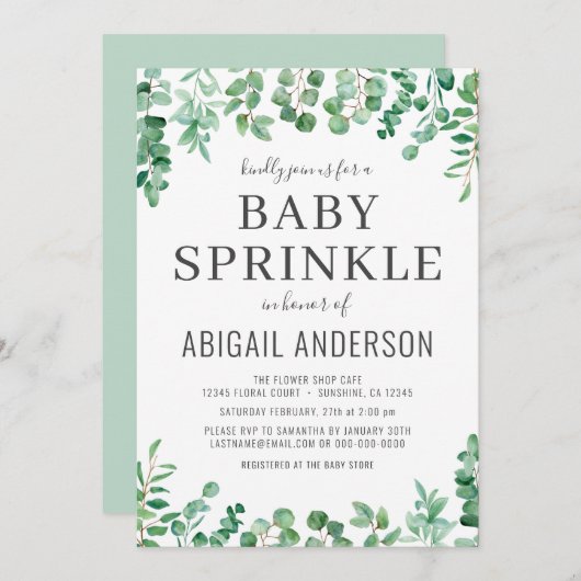 Eucalyptus Greenery Baby Sprinkle Modern Kaart (Voorkant / Achterkant)