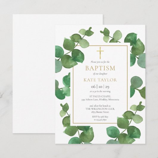 Eucalyptus Greenery Baptism Christening Uitnodigin Uitnodiging Briefkaart (Voorkant / Achterkant)