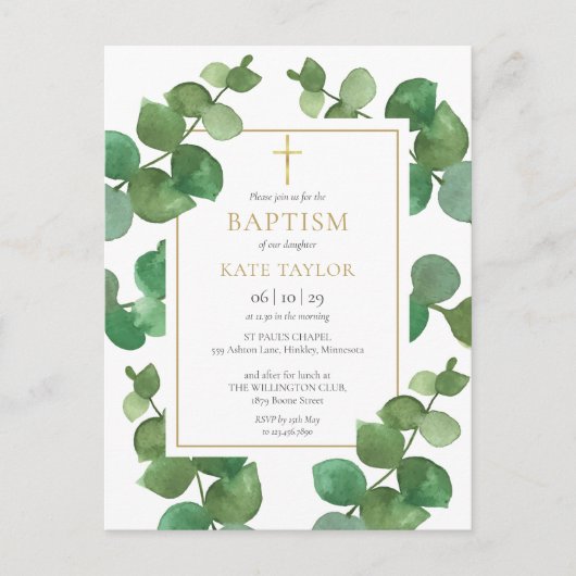 Eucalyptus Greenery Baptism Christening Uitnodigin Uitnodiging Briefkaart (Voorkant)