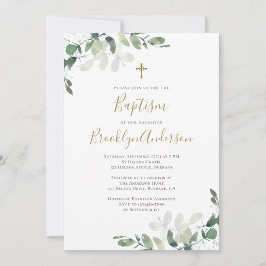 Eucalyptus Greenery Baptism Invitation Kaart (Voorkant)