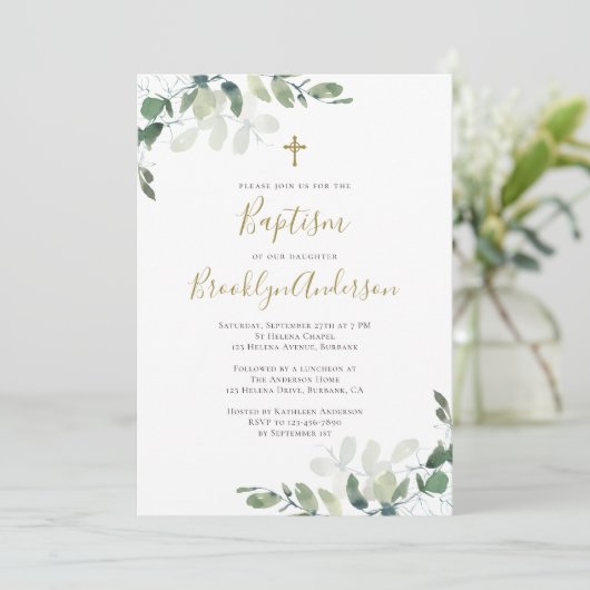 Eucalyptus Greenery Baptism Invitation Kaart (Staand voorkant)