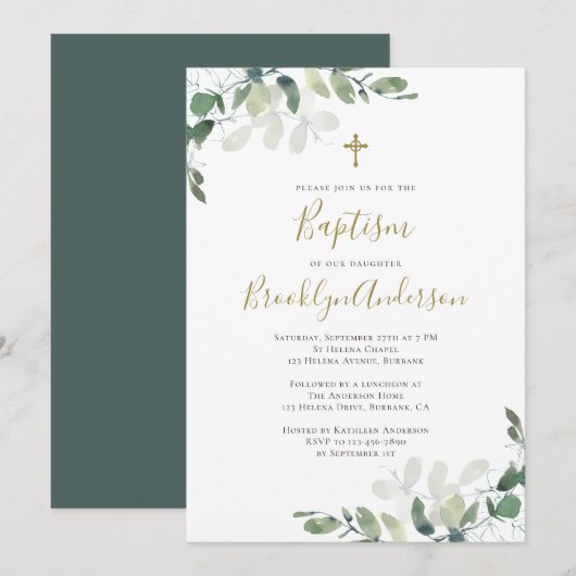 Eucalyptus Greenery Baptism Invitation Kaart (Voorkant / Achterkant)
