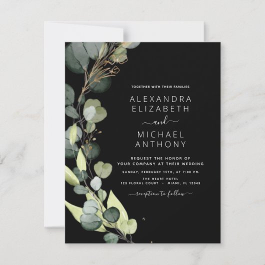 Eucalyptus Greenery Black Wedding Invitations Kaart (Voorkant)