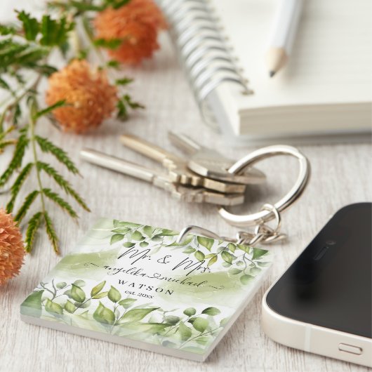 Eucalyptus Greenery Blush Modern Trendy Script Sleutelhanger (Voorkant Rechts)