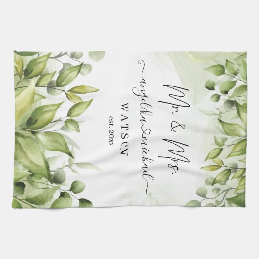 Eucalyptus Greenery Blush Modern Trendy Script Theedoek (Horizontaal)
