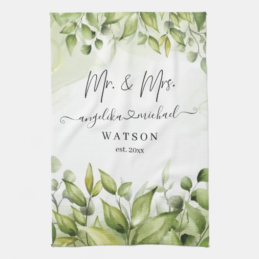 Eucalyptus Greenery Blush Modern Trendy Script Theedoek (Verticaal)