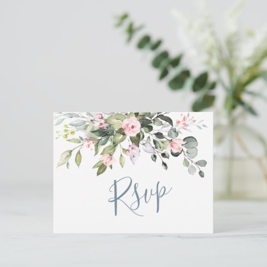 Eucalyptus Greenery Blush Rozen Weddenschap RSVP Briefkaart (Staand voorkant)