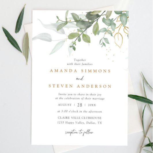 Eucalyptus Greenery Boho Sage Green Gold Wedding Kaart