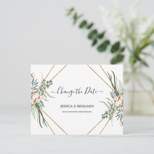 Eucalyptus Greenery Boho Script Wijzig de datum Briefkaart (Staand voorkant)