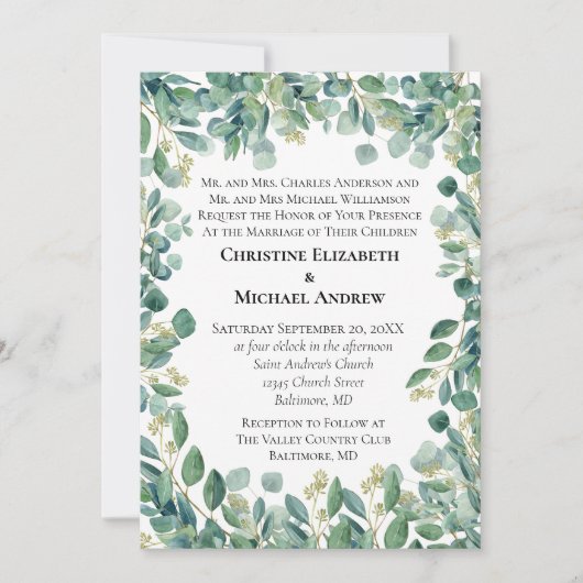 Eucalyptus Greenery Botanical Formal Wedding Kaart (Voorkant)