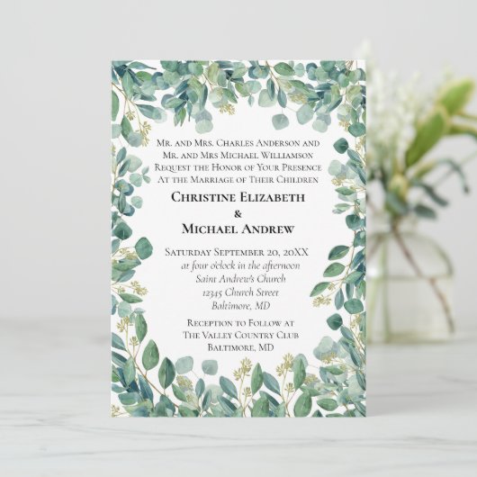Eucalyptus Greenery Botanical Formal Wedding Kaart (Staand voorkant)