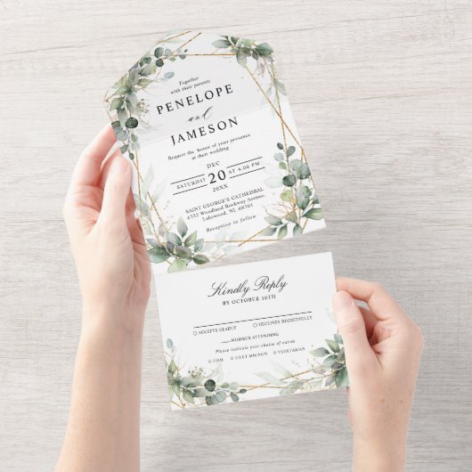 Eucalyptus Greenery Botanical Geometric Wedding All In One Uitnodiging (Afscheurbaar)