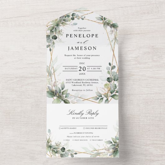 Eucalyptus Greenery Botanical Geometric Wedding All In One Uitnodiging (Binnen)