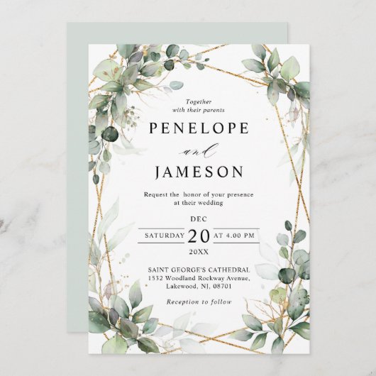 Eucalyptus Greenery Botanical Geometric Wedding Kaart (Voorkant / Achterkant)