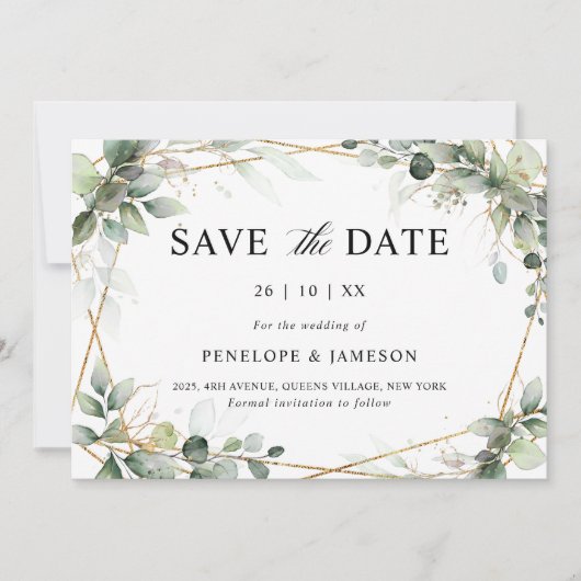 Eucalyptus Greenery Botanical Geometric Wedding Sa Save The Date (Voorkant)