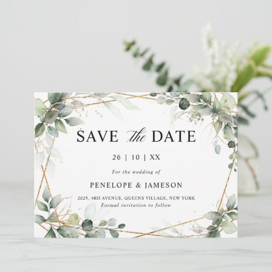 Eucalyptus Greenery Botanical Geometric Wedding Sa Save The Date (Staand voorkant)