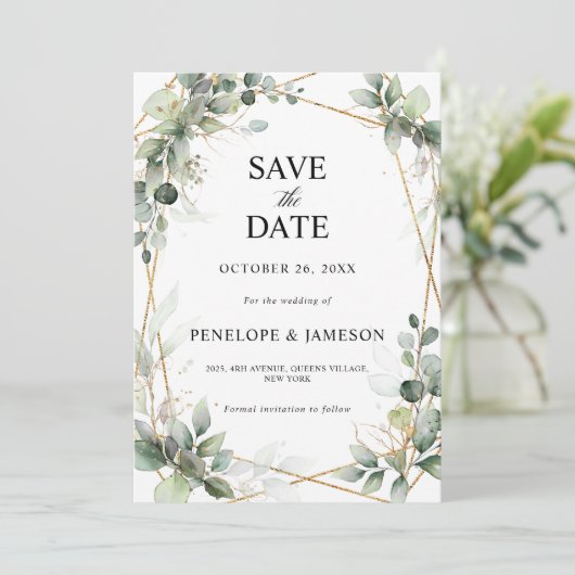 Eucalyptus Greenery Botanical Geometric Wedding Save The Date (Staand voorkant)