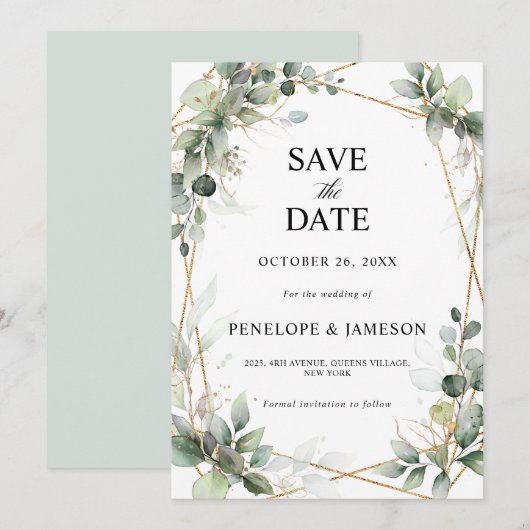 Eucalyptus Greenery Botanical Geometric Wedding Save The Date (Voorkant / Achterkant)