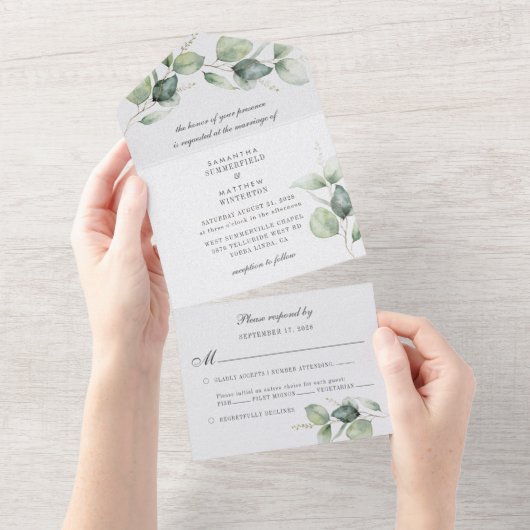 Eucalyptus Greenery Botanical Modern Wedding All In One Uitnodiging (Afscheurbaar)