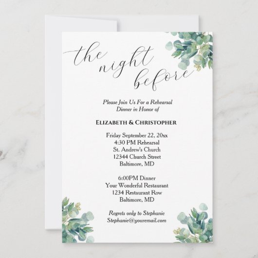 Eucalyptus Greenery Botanical Rehearsal Dinner Kaart (Voorkant)