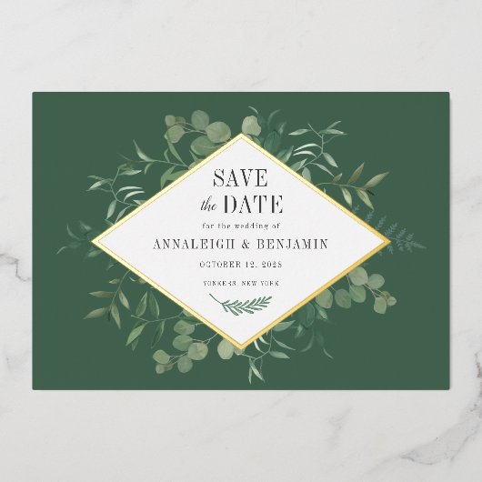 Eucalyptus Greenery Botanical Save the Date Gold Folie Uitnodiging (Voorkant)