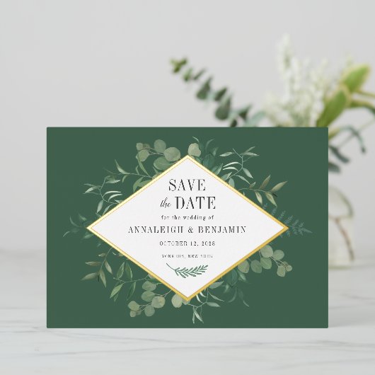 Eucalyptus Greenery Botanical Save the Date Gold Folie Uitnodiging (Staand Voorkant)